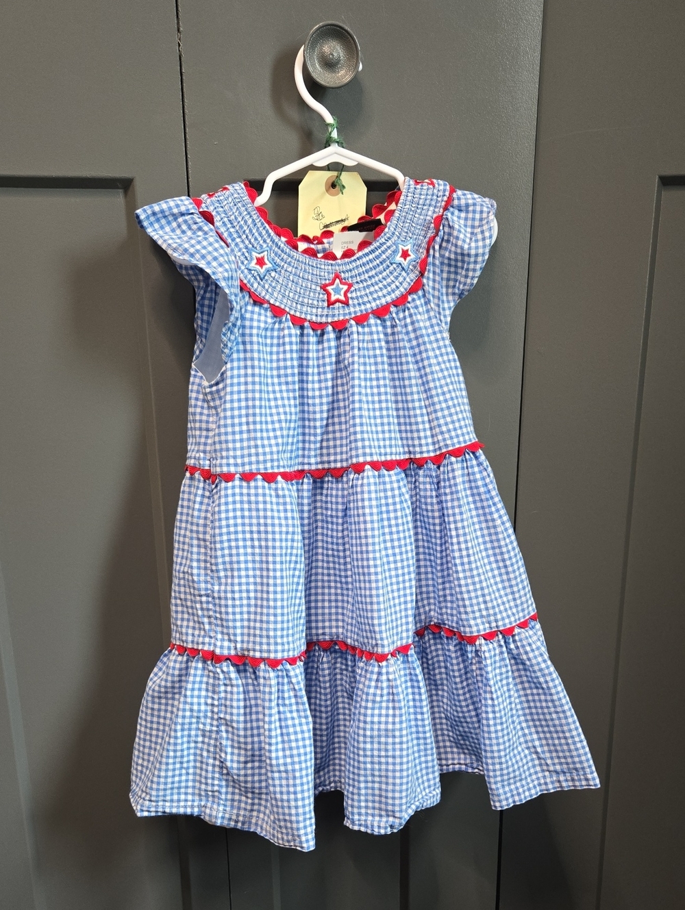 Cynthia Rowley Blue Gingham Tiered Dress with Red Trim